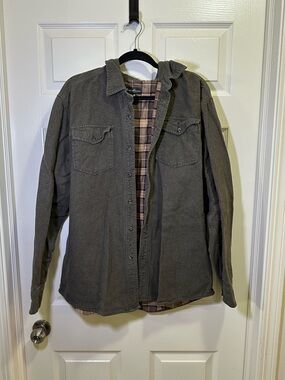 Eddie Bauer Button Down Flannel Lined Chore Shirt Mens Size XL Green Pockets